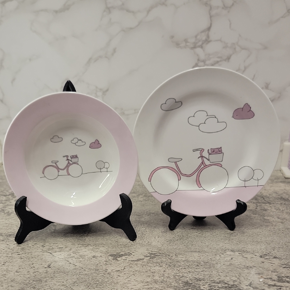 Vintage Sambonet Kids Pink Bike Porcelain bowl & plate 2 piece set